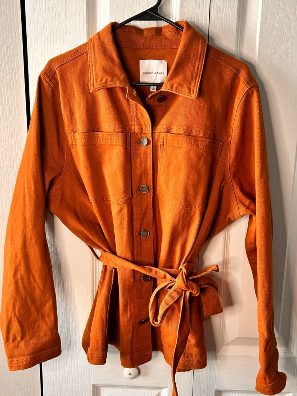 Gibson Latimer Women’s XL Orange Collared Button Down Belted Jacket Pockets